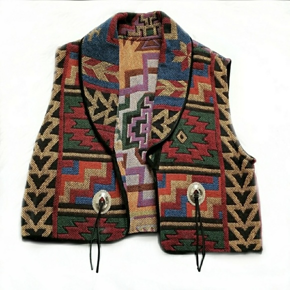Vintage Jackets & Blazers - Vintage Southwestern woven vest tapestry concho